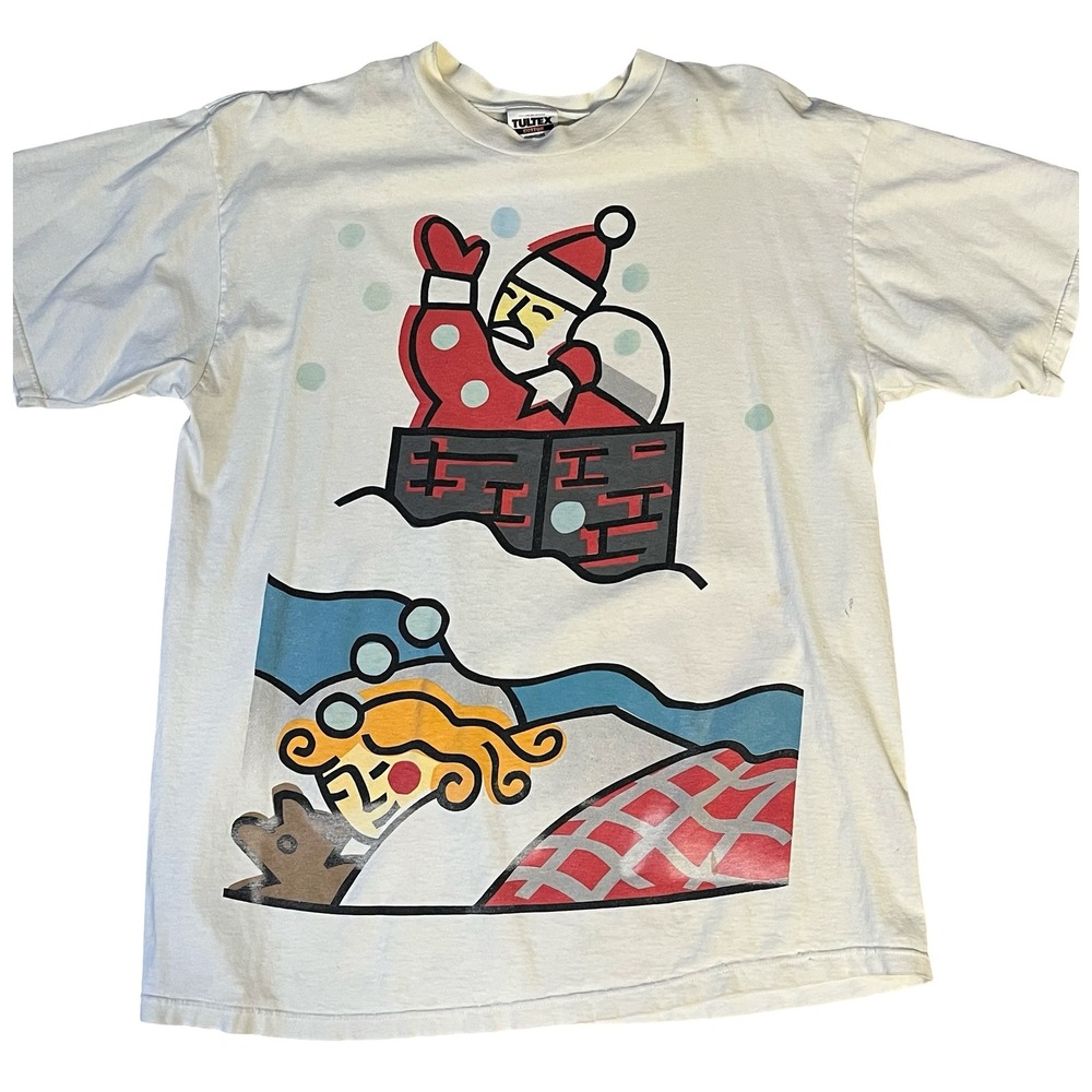 Vintage 1996 USPS Christmas Stamp T Shirt Tultex White Large Santa Distressed